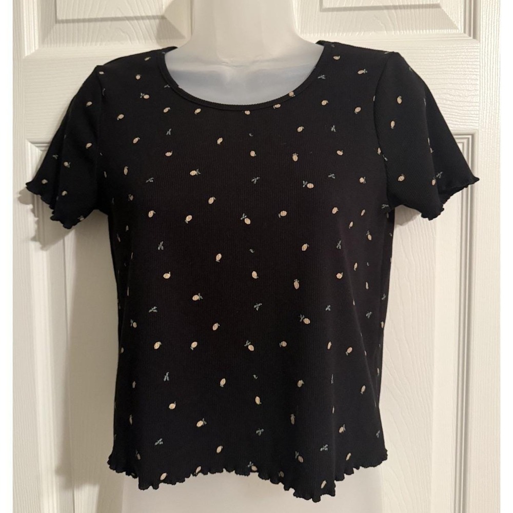 Alya 90s Y2K Vintage Black Lemon Print Ribbed Lettuce Hem Womens Baby Tee Size M